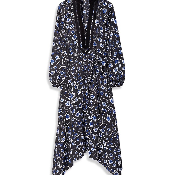 TORY BURCH Blue Puff Sleeve Dress Size XL Belted Midi Floral Asymmetrical - Picture 1 of 5